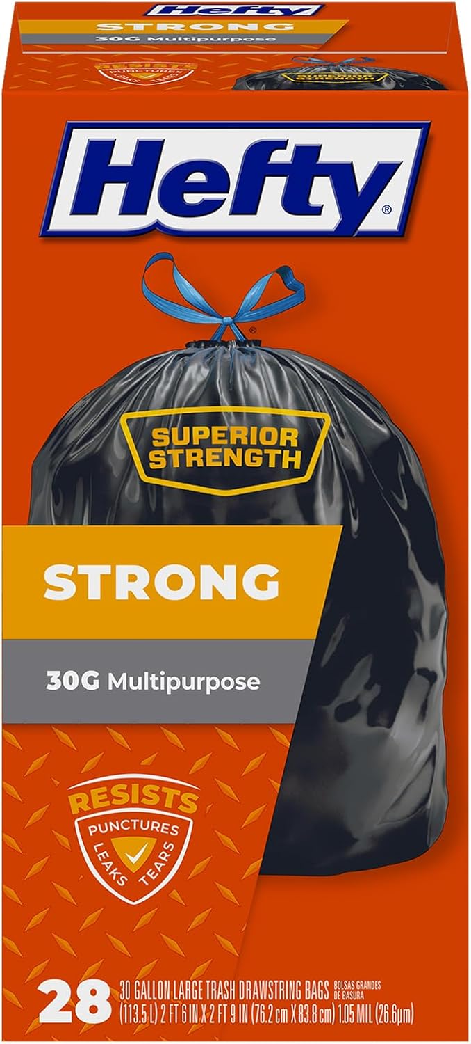 Hefty Strong 30 Gallon Trash Bags, Large Trash Bags 30 Gallon Size, Durable Drawstring Enclosure, Resists Punctures, Leaks, and Tears, Black, Unscented, 56 Bags