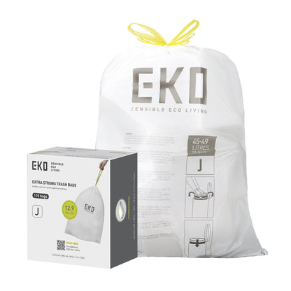 EKO 21 Gallon / 50-90 Liter, 60 Count Drawstring Trash Bags, Extra-Strong Unscented Garbage Bags, Easy-Dispense Roll for Kitchen & Household Use, Code G, White