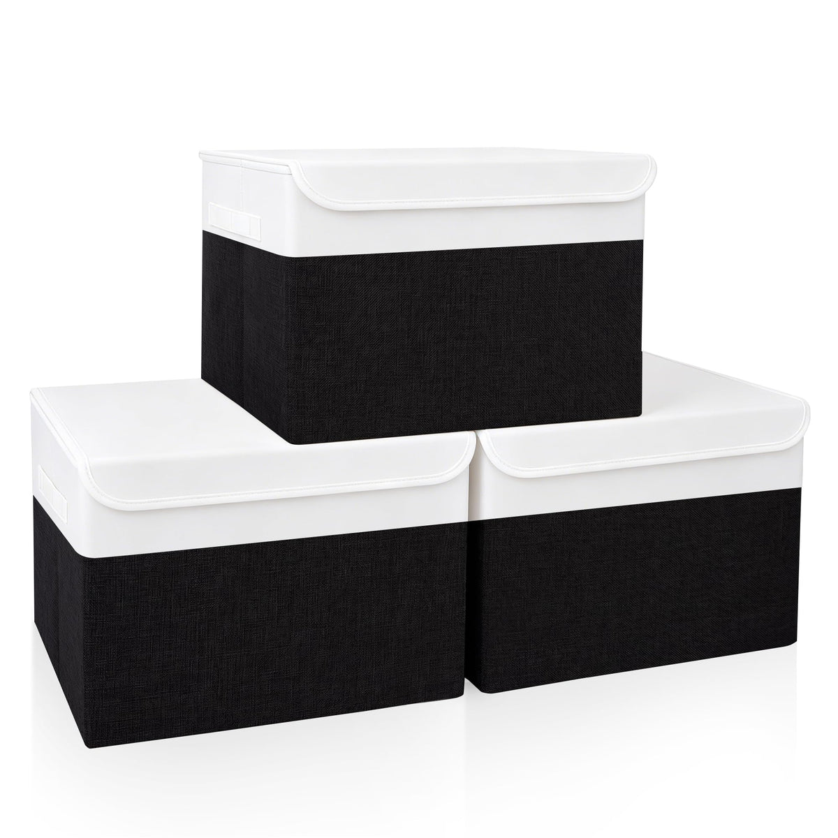 Bagnizer Large 17" 42 Quarts Collapsible Stackable Storage Bins with Lids [3-Pack] Foldable Fabric Linen Storage Boxes Cube, Closet Organizer Baskets with Label (16.7 x 12 x 12, Black)