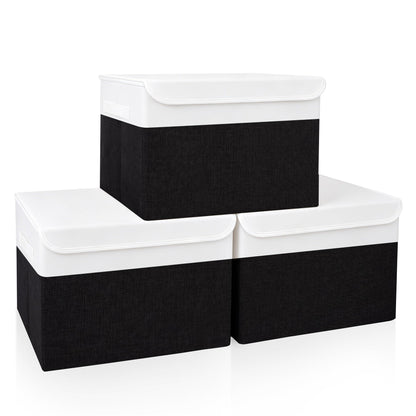 Bagnizer Large 17" 42 Quarts Collapsible Stackable Storage Bins with Lids [3-Pack] Foldable Fabric Linen Storage Boxes Cube, Closet Organizer Baskets with Label (16.7 x 12 x 12, Black)