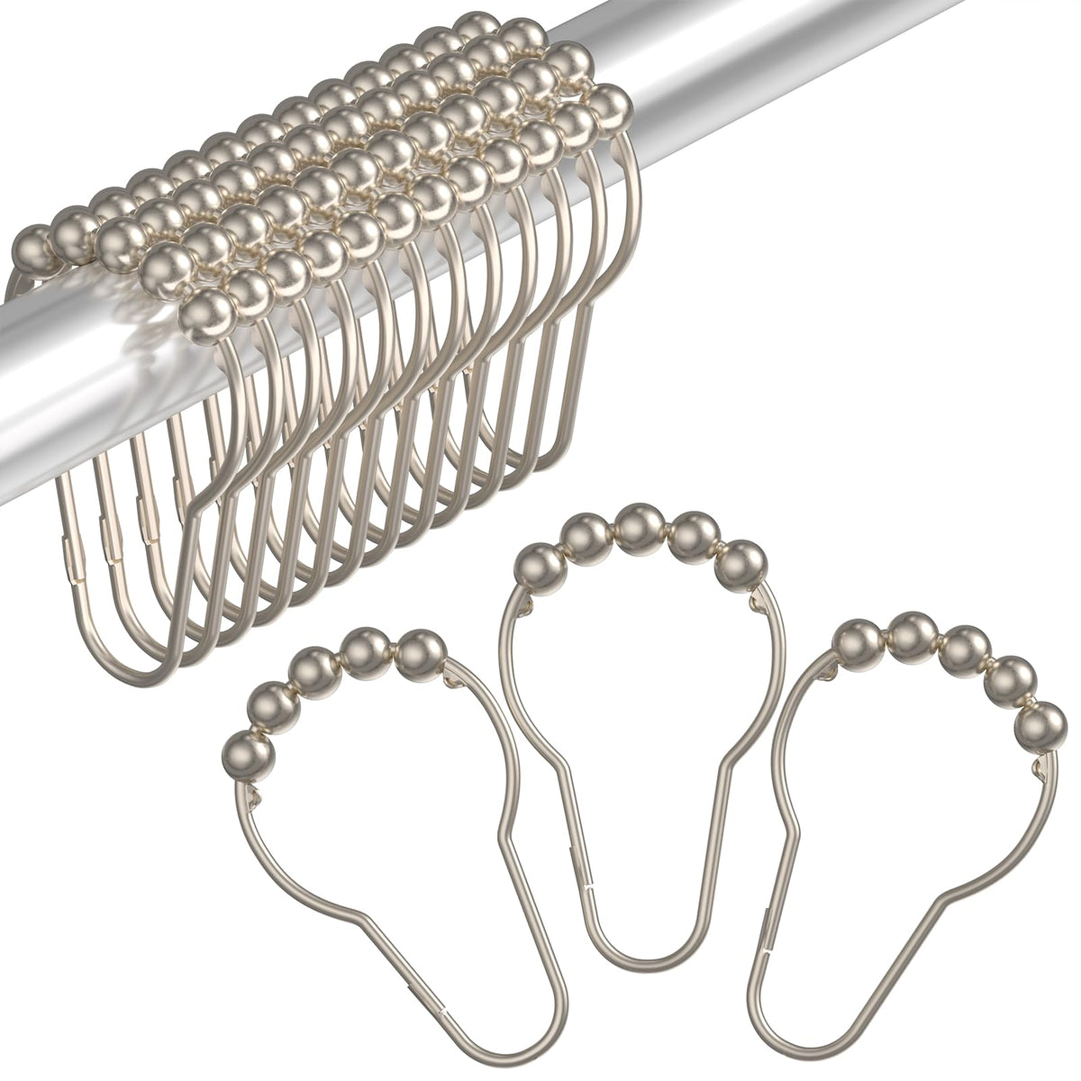 Amazer Shower Curtain Hooks, Decorative Rust Proof Stainless Steel Shower Curtain Hooks for Bathroom Shower Rods Set of 12, Polished Nickel
