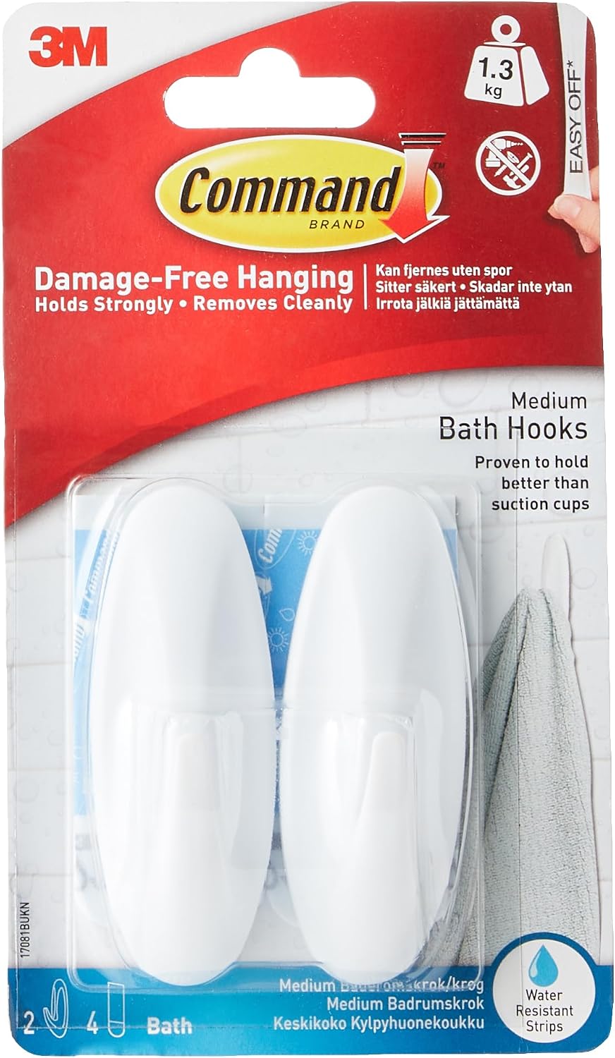 Command Medium White Bath Hooks, 2 Hooks, 4 Strips