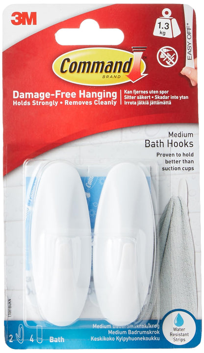 Command Medium White Bath Hooks, 2 Hooks, 4 Strips