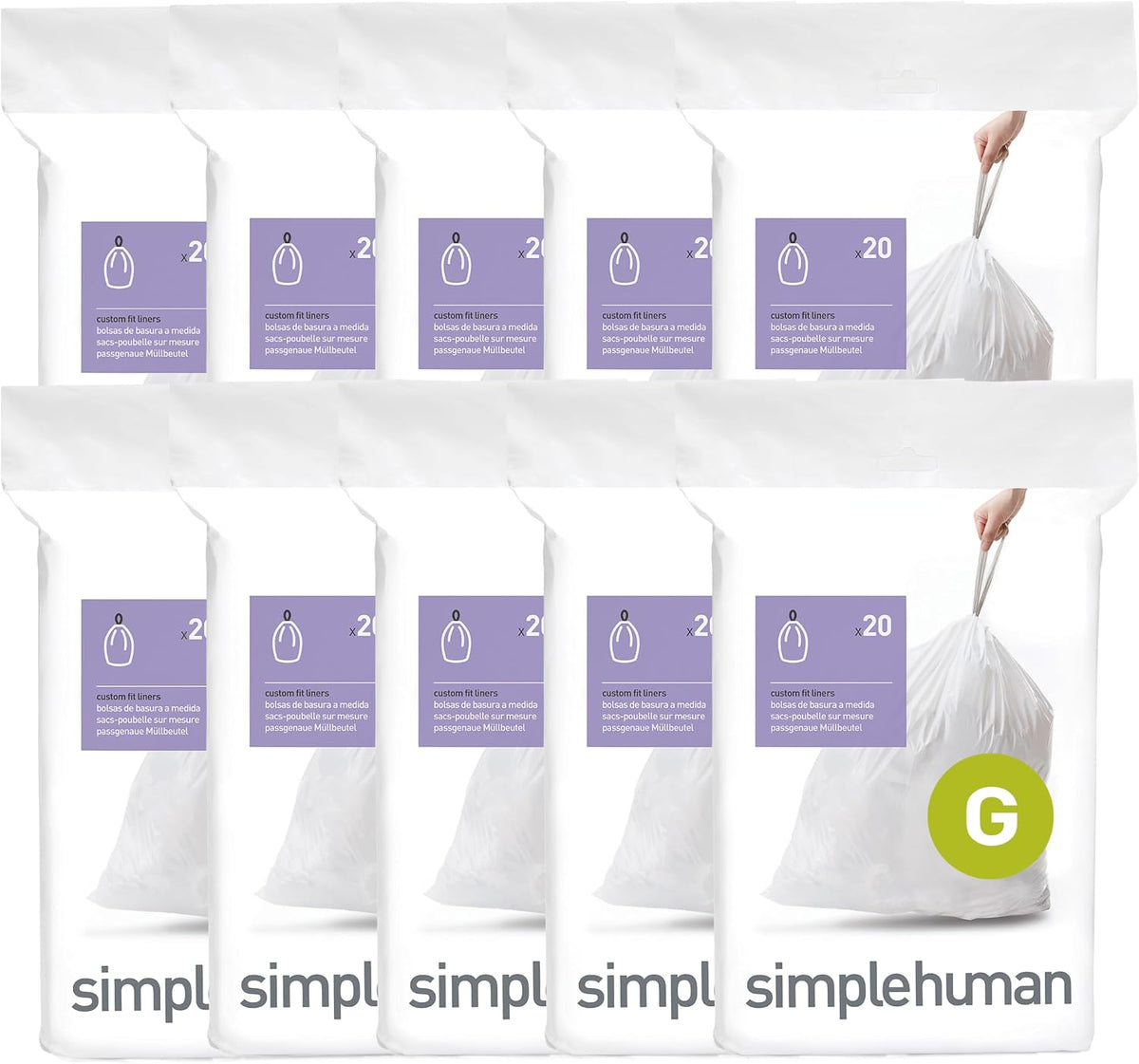 simplehuman Code G 60 Count Custom Fit Liners, Drawstring Kitchen Trash Bags, One-by-One Mess-Free Dispense, Extra Thick & Double Seamed, 50% PCR Plastic, 30 Liter / 8 Gallon, White