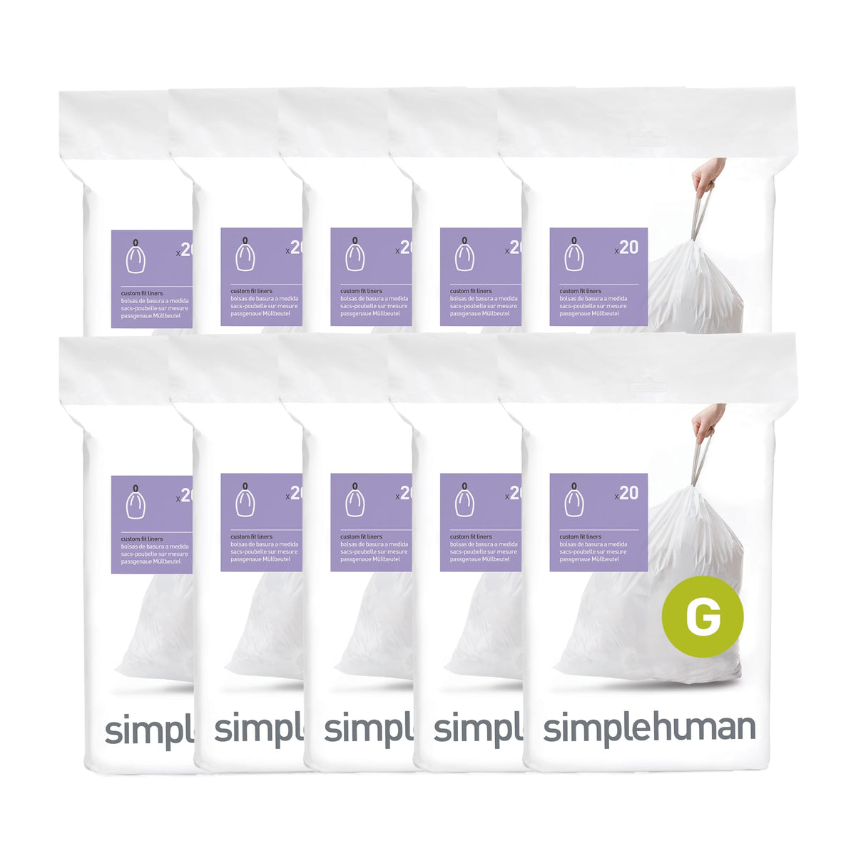 simplehuman Code G 60 Count Custom Fit Liners, Drawstring Kitchen Trash Bags, One-by-One Mess-Free Dispense, Extra Thick & Double Seamed, 50% PCR Plastic, 30 Liter / 8 Gallon, White