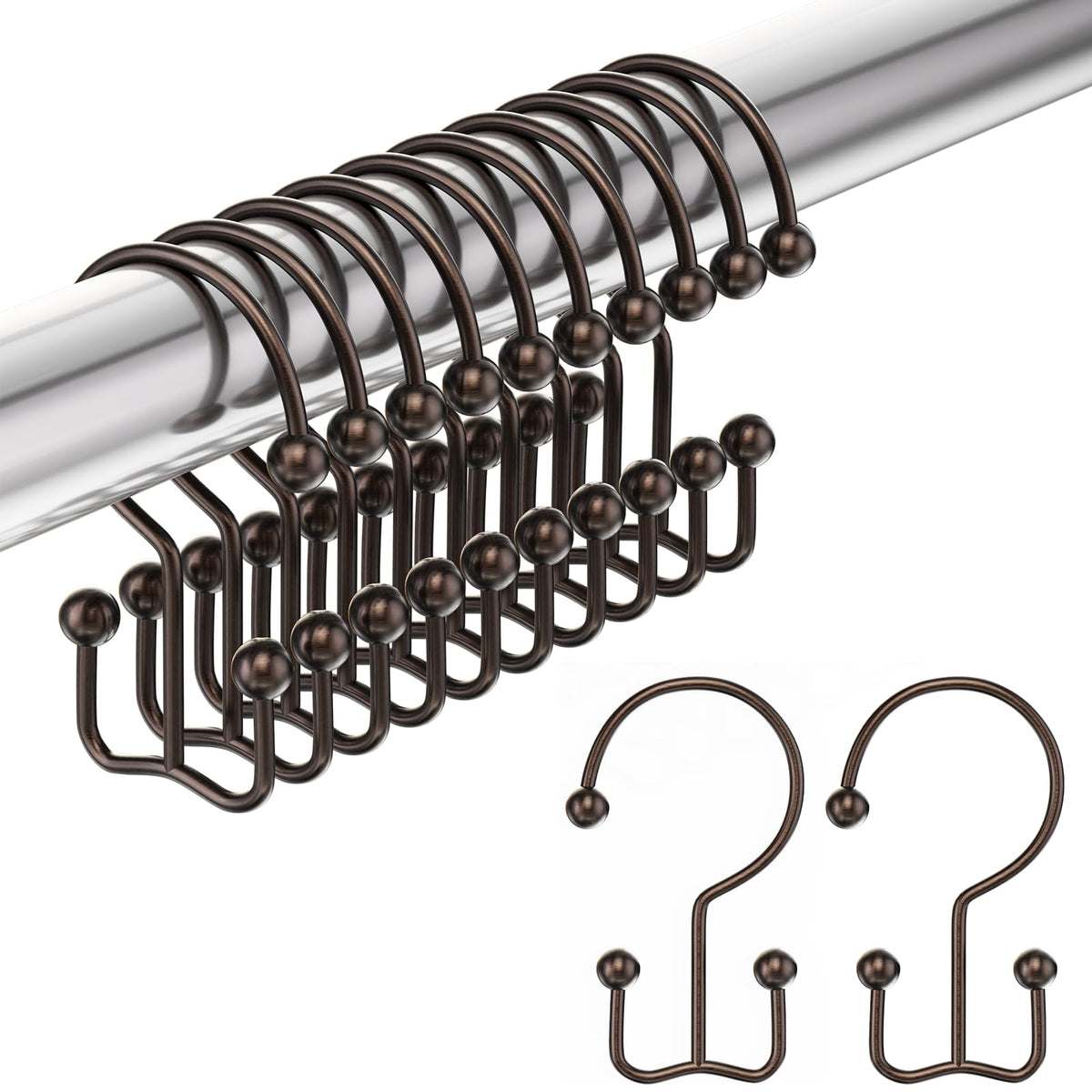 Amazer Shower Curtain Hooks, Decorative Rust Proof Stainless Steel Shower Curtain Hooks for Bathroom Shower Rods Set of 12, Polished Nickel