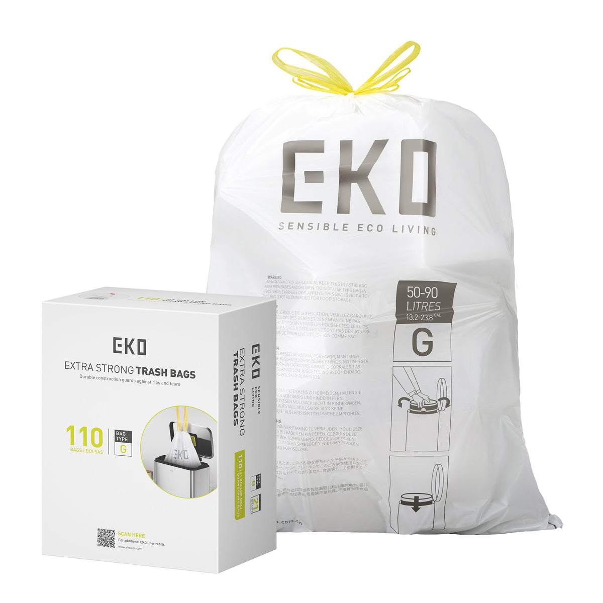 EKO 21 Gallon / 50-90 Liter, 60 Count Drawstring Trash Bags, Extra-Strong Unscented Garbage Bags, Easy-Dispense Roll for Kitchen & Household Use, Code G, White