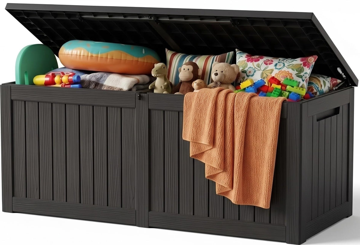 Outdoor Storage Box, 360 Gallon Waterproof Resin Deck Box with Support Rod