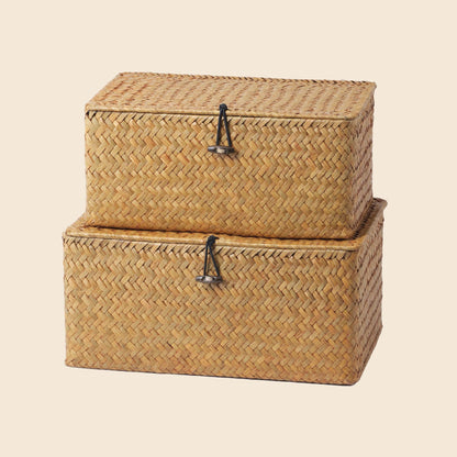 Nonam Wicker Storage Basket with Lid,Seagrass Shelf Basket Set of 3,Nautral