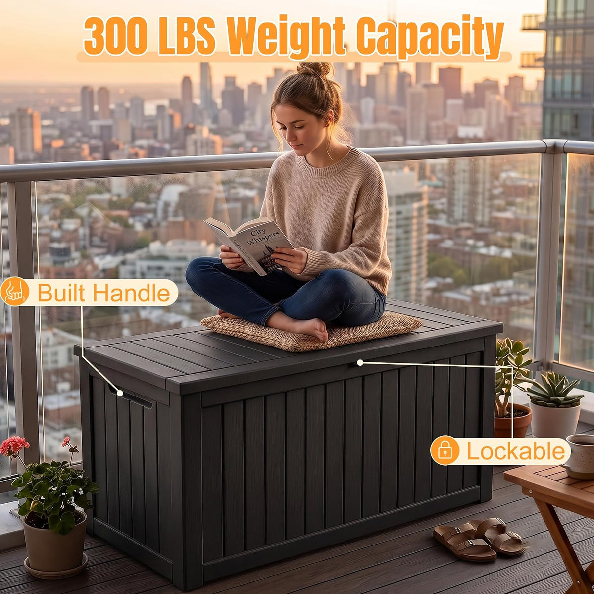 Outdoor Storage Box, 300 Gallon Waterproof Resin Deck Box with Support Rod