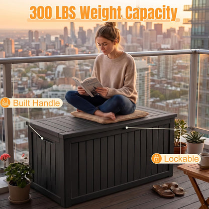 Outdoor Storage Box, 300 Gallon Waterproof Resin Deck Box with Support Rod