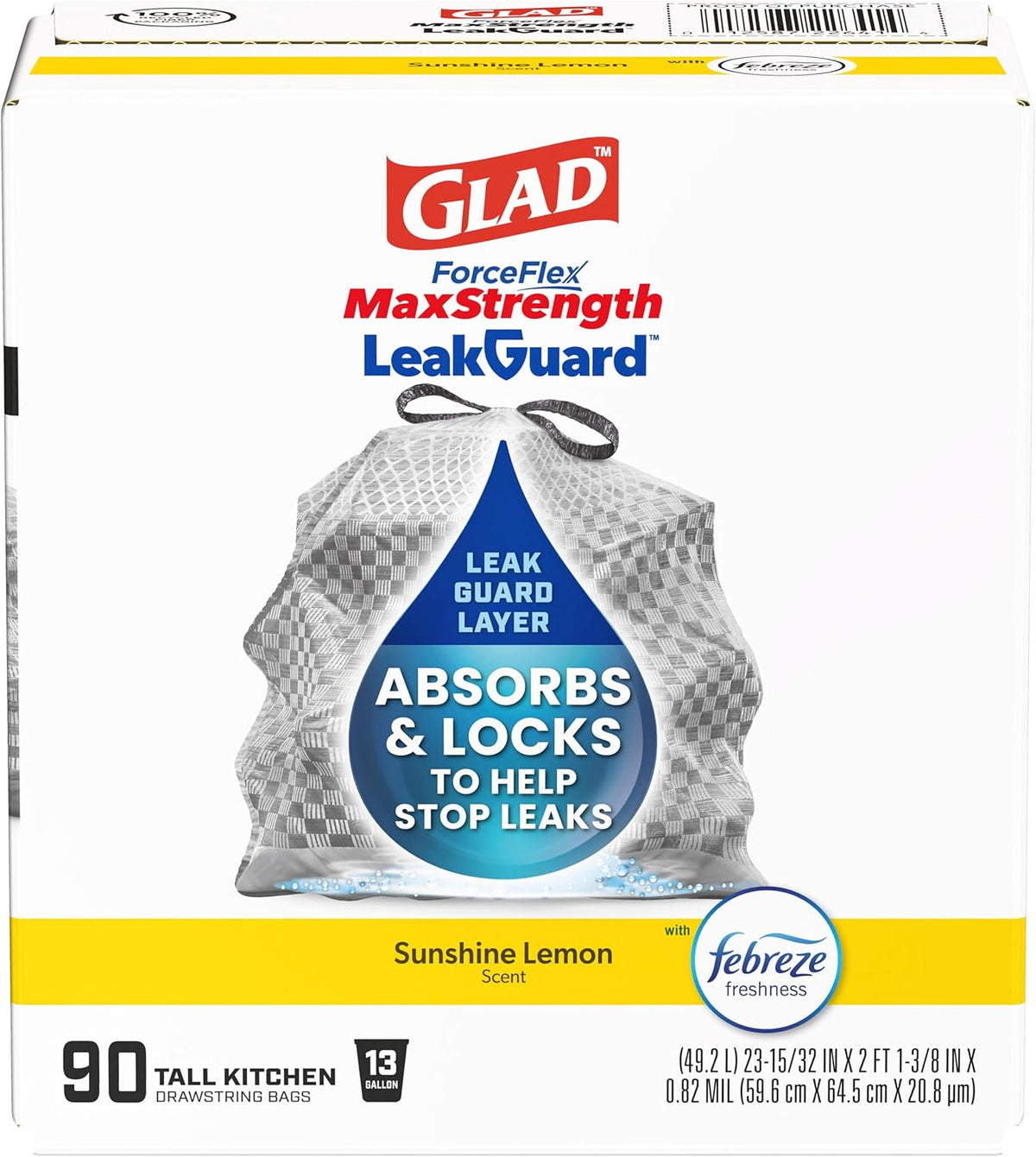 Glad ForceFlex MaxStrength LeakGuard Bags, Sunshine Lemon, 13 Gallon, 90 Ct