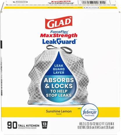 Glad ForceFlex MaxStrength LeakGuard Bags, Sunshine Lemon, 13 Gallon, 90 Ct