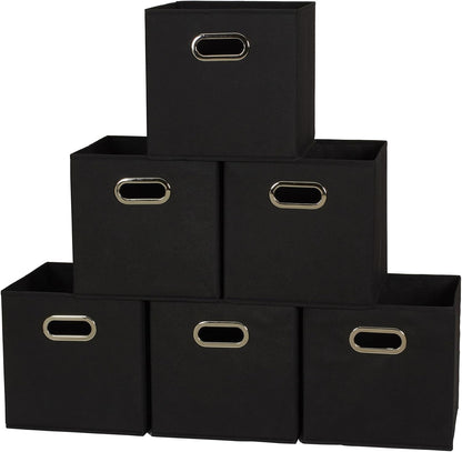 Household Essentials Foldable Fabric Storage Bins 6 Piece Set, Strong Poly-Woven Fabric, Sturdy Chipboard Sides, Grommet Front Handle, Stackable, Classic Design, Black