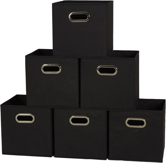 Household Essentials Foldable Fabric Storage Bins 6 Piece Set, Strong Poly-Woven Fabric, Sturdy Chipboard Sides, Grommet Front Handle, Stackable, Classic Design, Black