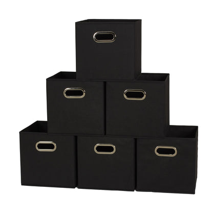 Household Essentials Foldable Fabric Storage Bins 6 Piece Set, Strong Poly-Woven Fabric, Sturdy Chipboard Sides, Grommet Front Handle, Stackable, Classic Design, Black