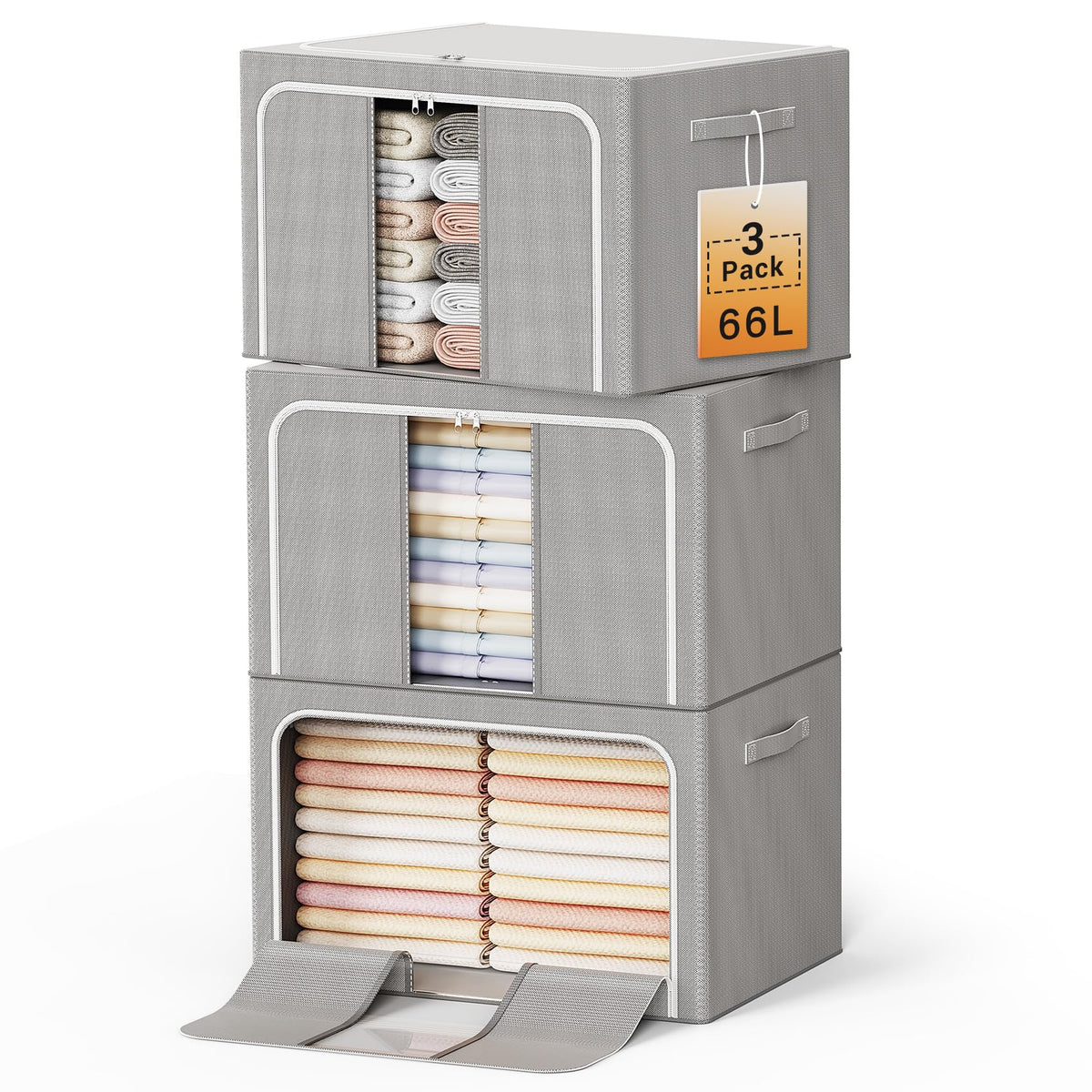 Clothes Storage Bins with Metal Frame Foldable Storage Box Clothes Organizers Storage Containers for Clothes Sheets Blankets Books Toys Gifts and Holiday Decorations (66Lx3 Pack)