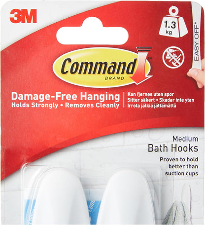 Command Medium White Bath Hooks, 2 Hooks, 4 Strips