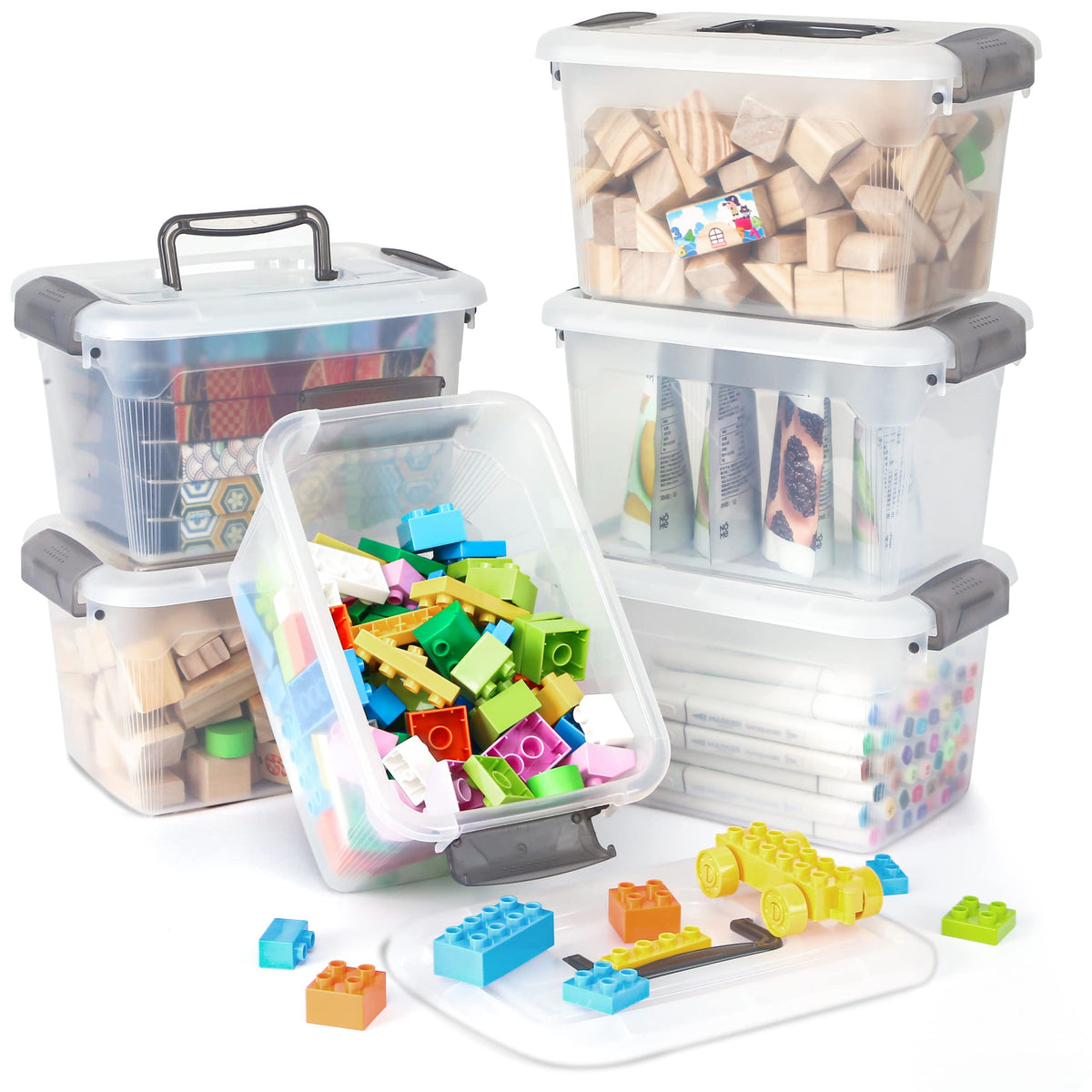 Citylife 4 Packs 6 QT Storage Bins with Lids Clear Plastic Bins with Grey Handle Stackable Storage Containers for Organizing