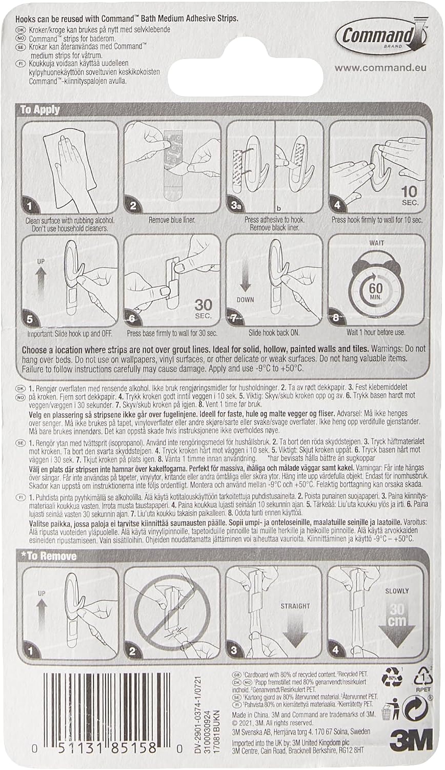 Command Medium White Bath Hooks, 2 Hooks, 4 Strips