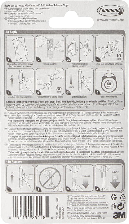 Command Medium White Bath Hooks, 2 Hooks, 4 Strips