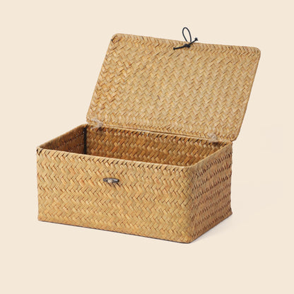 Nonam Wicker Storage Basket with Lid,Seagrass Shelf Basket Set of 3,Nautral