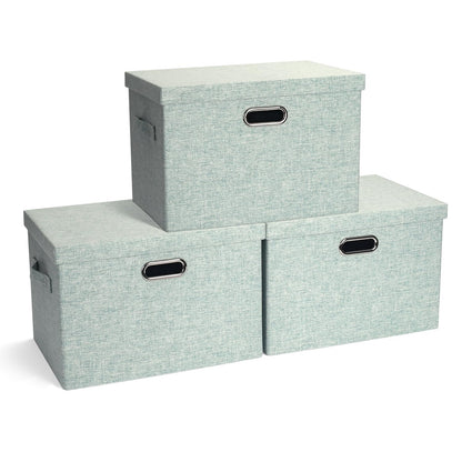 Graciadeco Large Quart Collapsible Stackable Storage Bins with Lids, 3 Packs Beige Linen Fabric Closet Boxes with Lids, Storage Cube Baskets Container Organizers for Bedroom Office(16.6 x 11.7 x 10.8)