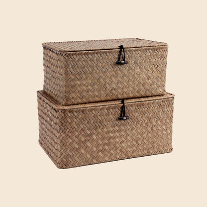 Nonam Wicker Storage Basket with Lid,Seagrass Shelf Basket Set of 3,Nautral