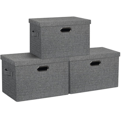 Graciadeco Large Quart Collapsible Stackable Storage Bins with Lids, 3 Packs Beige Linen Fabric Closet Boxes with Lids, Storage Cube Baskets Container Organizers for Bedroom Office(16.6 x 11.7 x 10.8)