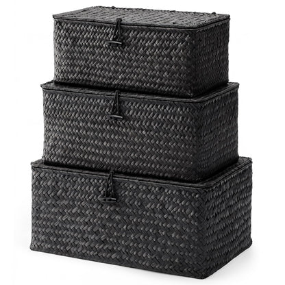 Nonam Wicker Storage Basket with Lid,Seagrass Shelf Basket Set of 3,Nautral