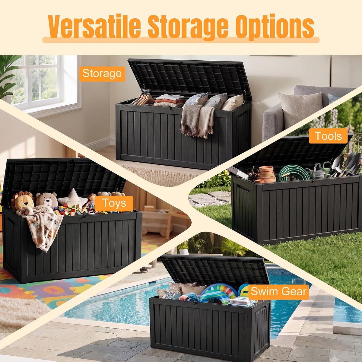 Outdoor Storage Box, 300 Gallon Waterproof Resin Deck Box with Support Rod