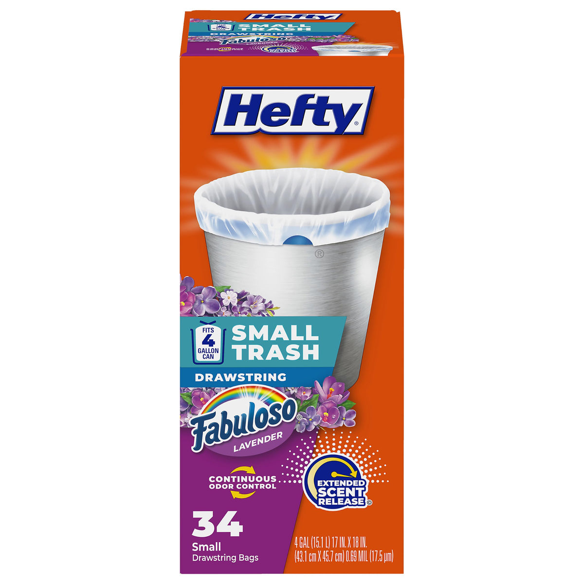Hefty 4 Gallon Small Trash Bags, White, Fabuloso Lavender Scent, 52ct