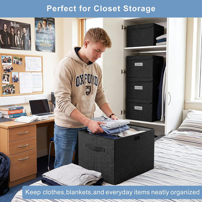 Bagnizer Large 17" 42 Quarts Collapsible Stackable Storage Bins with Lids [3-Pack] Foldable Fabric Linen Storage Boxes Cube, Closet Organizer Baskets with Label (16.7 x 12 x 12, Black)