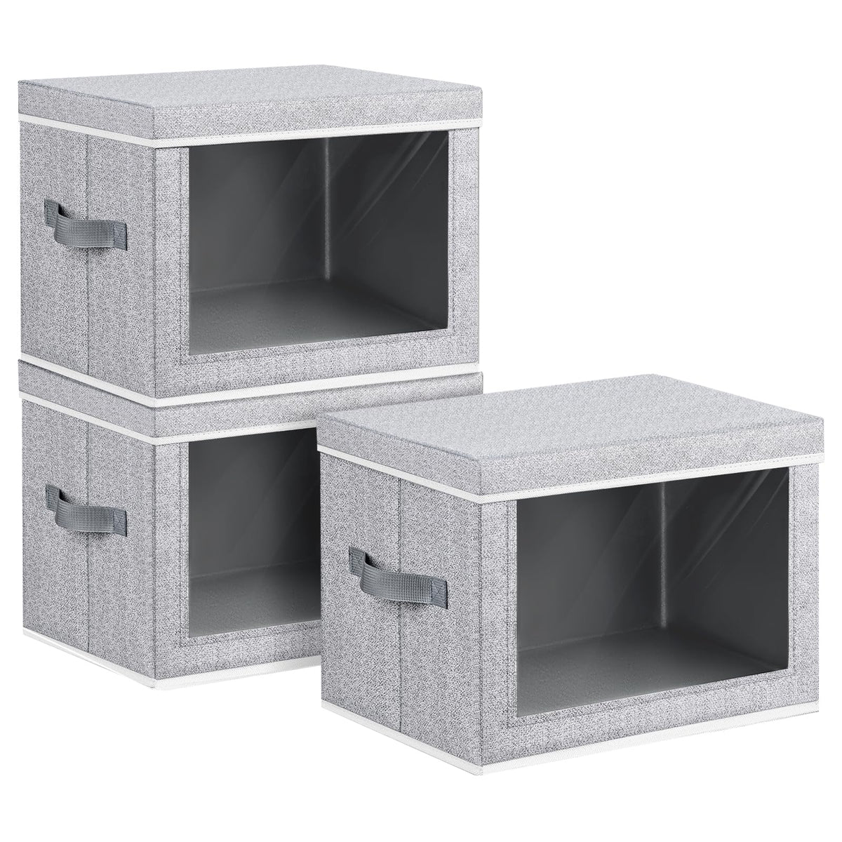 Homsorout Storage Bins with Lids - Fabric Storage Boxes with Window, Collapsible Closet Organizers with Handles, 3 Pack Decorative Bin, Home Cubes Baskets for Clothes, Hat, Books, Dark Grey