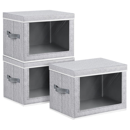 Homsorout Storage Bins with Lids - Fabric Storage Boxes with Window, Collapsible Closet Organizers with Handles, 3 Pack Decorative Bin, Home Cubes Baskets for Clothes, Hat, Books, Dark Grey