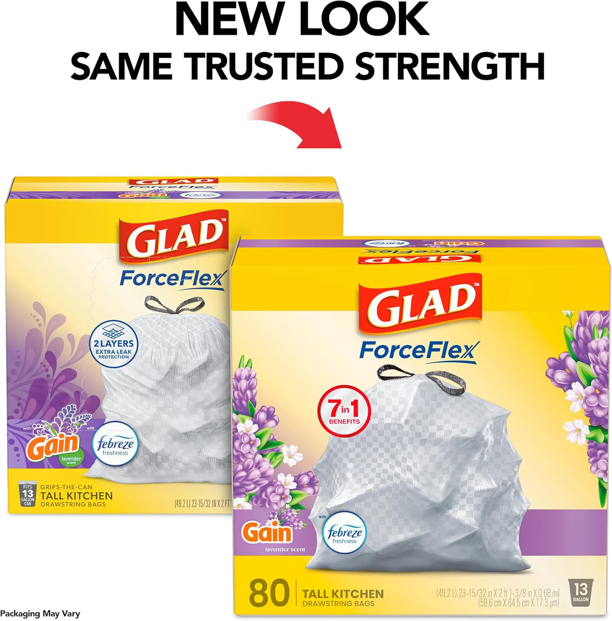 Glad ForceFlex Tall Kitchen Drawstring Trash Bags, 13 Gal, Gain Lavender, 80 Ct (Package May Vary)