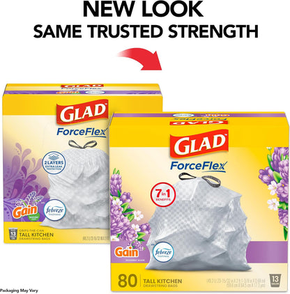 Glad ForceFlex Tall Kitchen Drawstring Trash Bags, 13 Gal, Gain Lavender, 80 Ct (Package May Vary)