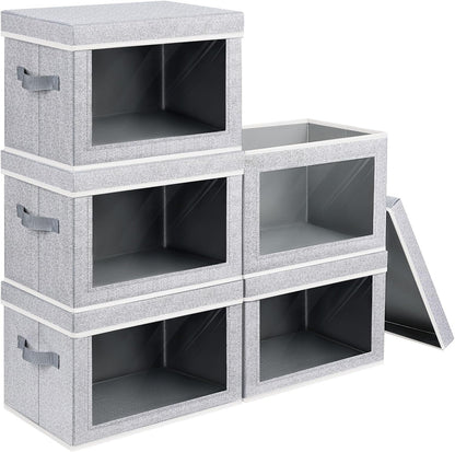 Homsorout Storage Bins with Lids - Fabric Storage Boxes with Window, Collapsible Closet Organizers with Handles, 3 Pack Decorative Bin, Home Cubes Baskets for Clothes, Hat, Books, Dark Grey