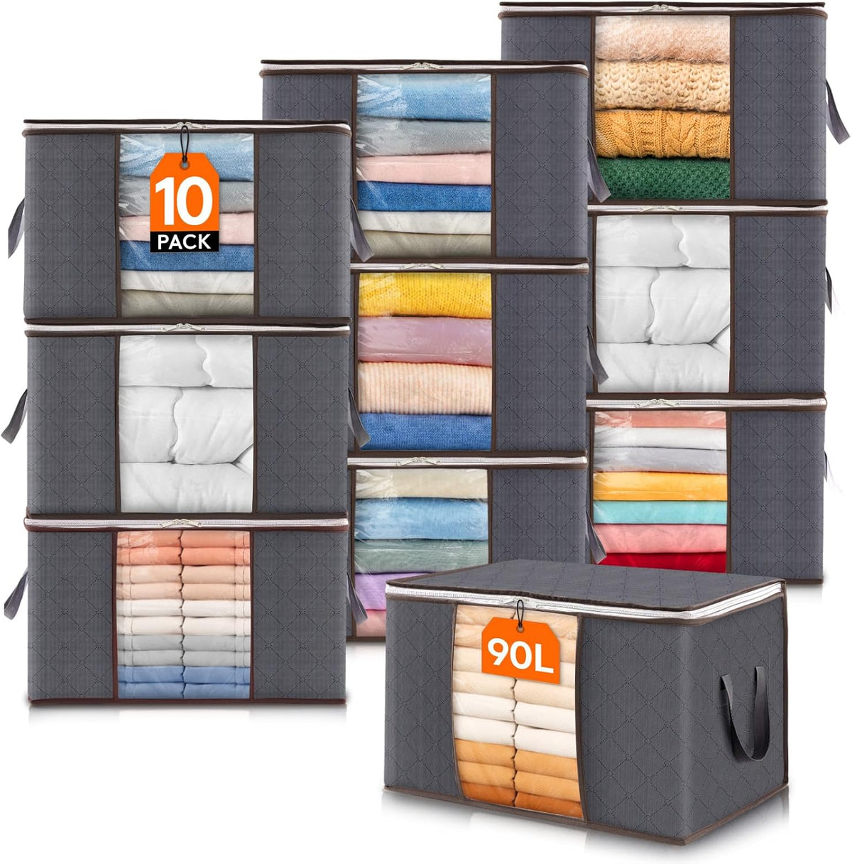 Lifewit 6 Pack Clothes Storage Bins with Lids, Foldable Blanket Storage Bags with Zippers, Clear Window and Reinforced Handles, Closet and Organization for Clothing, Sweater, Comforter, Bedding