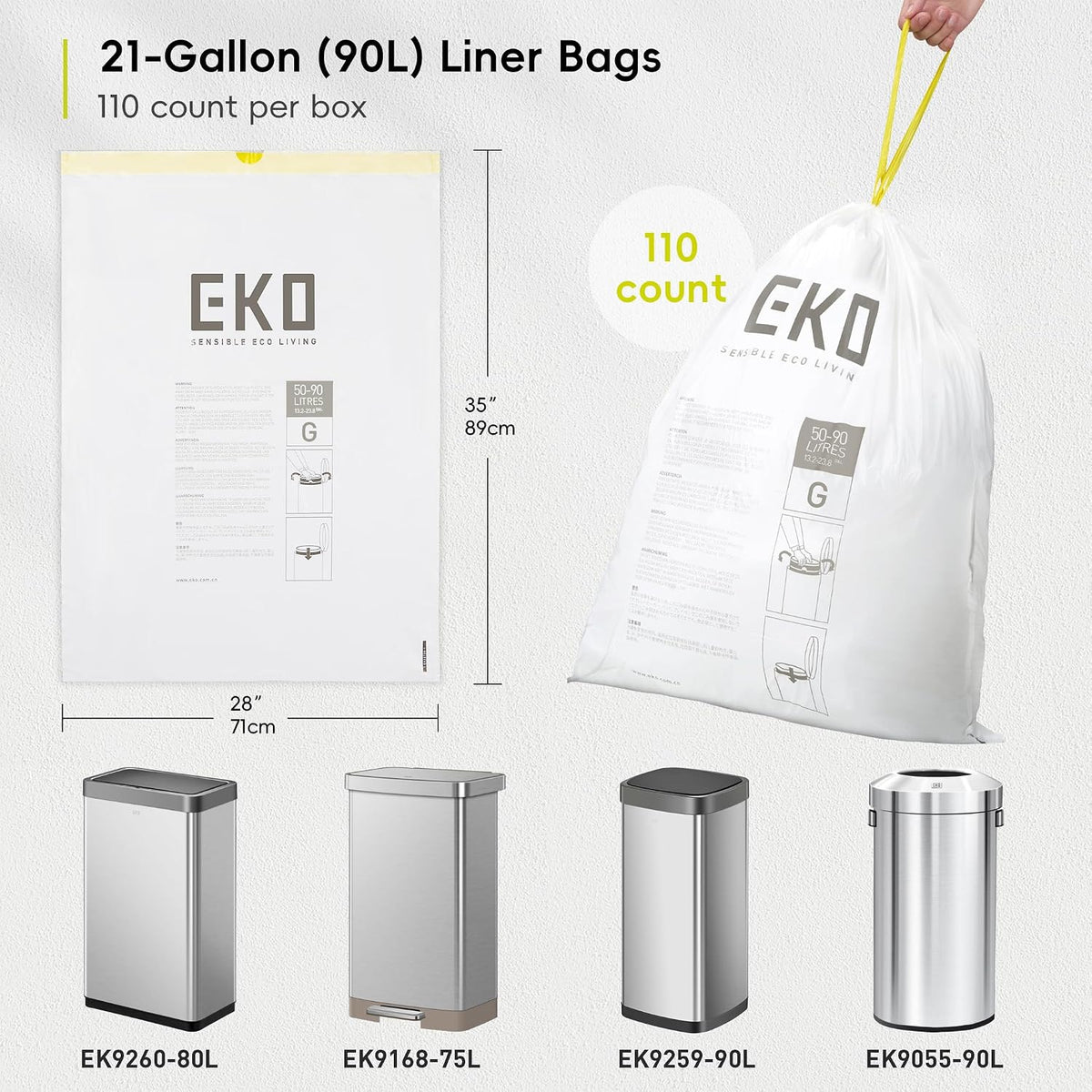 EKO 20 Gallon Extra-Strong XL Tall Kitchen Trash Bags, Code G, 110 ct
