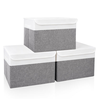 Bagnizer Large 17" 42 Quarts Collapsible Stackable Storage Bins with Lids [3-Pack] Foldable Fabric Linen Storage Boxes Cube, Closet Organizer Baskets with Label (16.7 x 12 x 12, Black)
