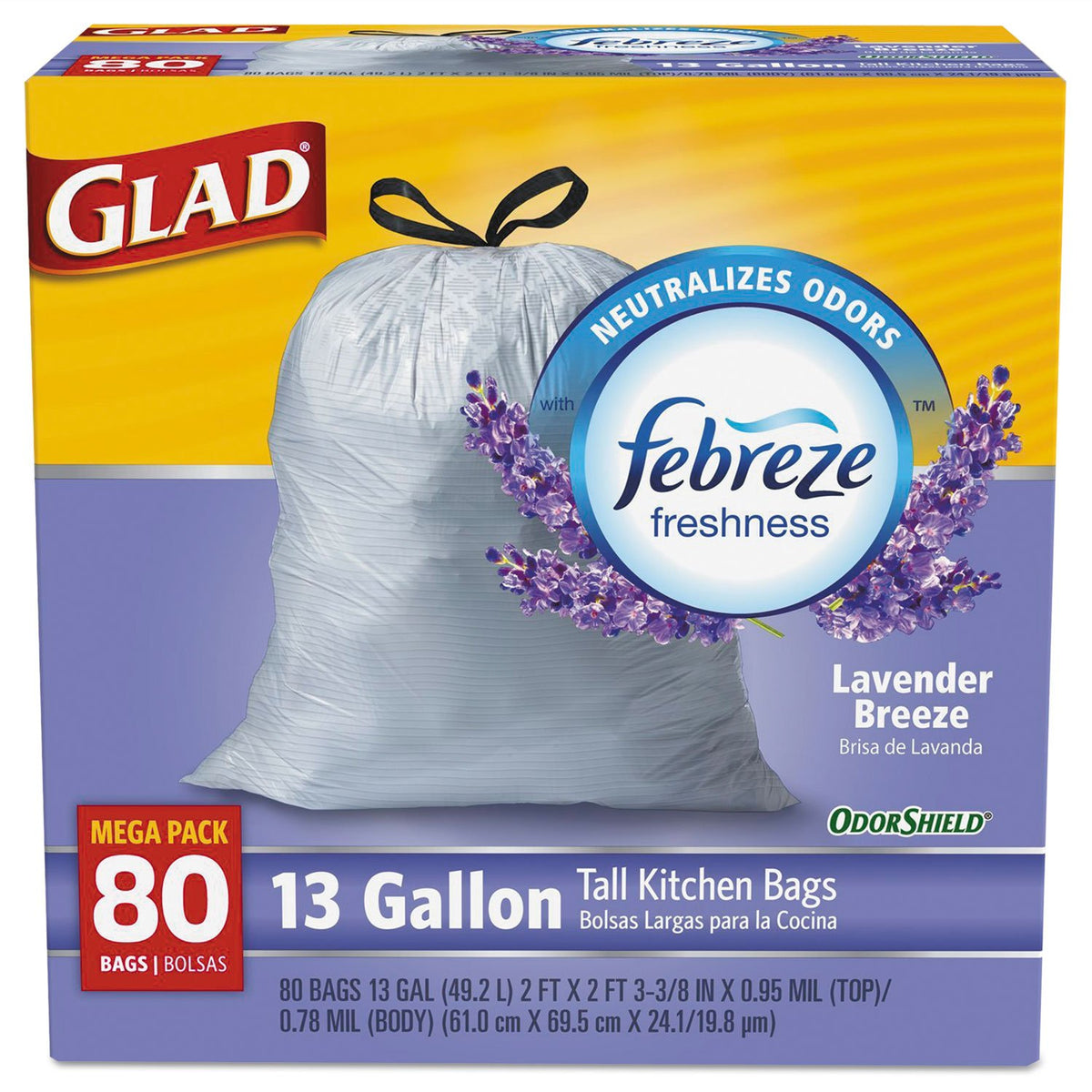 Glad ForceFlex Tall Kitchen Drawstring Trash Bags, 13 Gal, Gain Lavender, 80 Ct (Package May Vary)