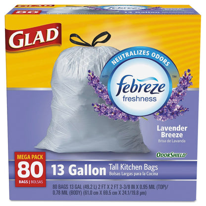 Glad ForceFlex Tall Kitchen Drawstring Trash Bags, 13 Gal, Gain Lavender, 80 Ct (Package May Vary)