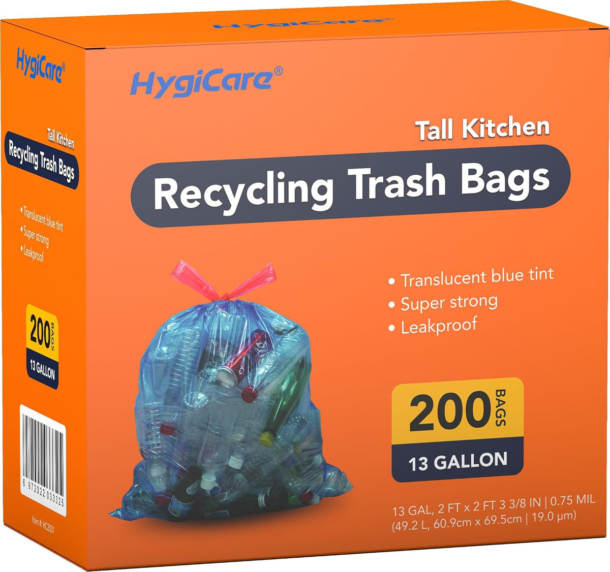HygiCare 13 Gallon Recycling Trash Bags, Unscented 200 Count Drawstring Tall Kitchen Garbage Bags, Pre-Separated, Ultra Strong, Leakproof, Sturdy, Translucent Blue