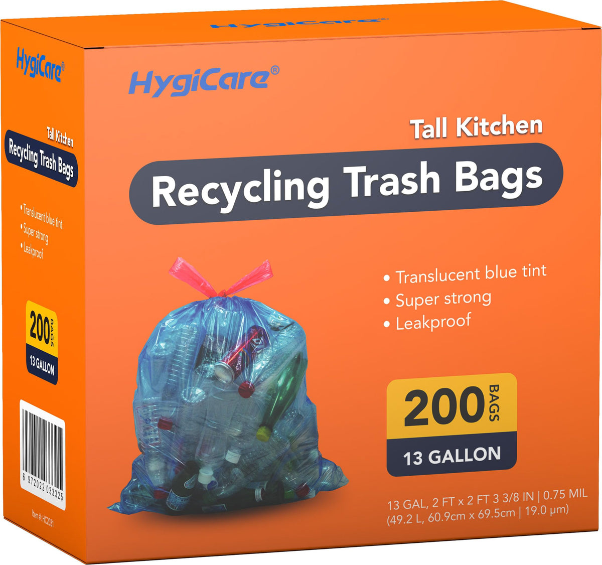 HygiCare 13 Gallon Recycling Trash Bags, Unscented 200 Count Drawstring Tall Kitchen Garbage Bags, Pre-Separated, Ultra Strong, Leakproof, Sturdy, Translucent Blue
