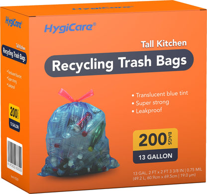 HygiCare 13 Gallon Recycling Trash Bags, Unscented 200 Count Drawstring Tall Kitchen Garbage Bags, Pre-Separated, Ultra Strong, Leakproof, Sturdy, Translucent Blue