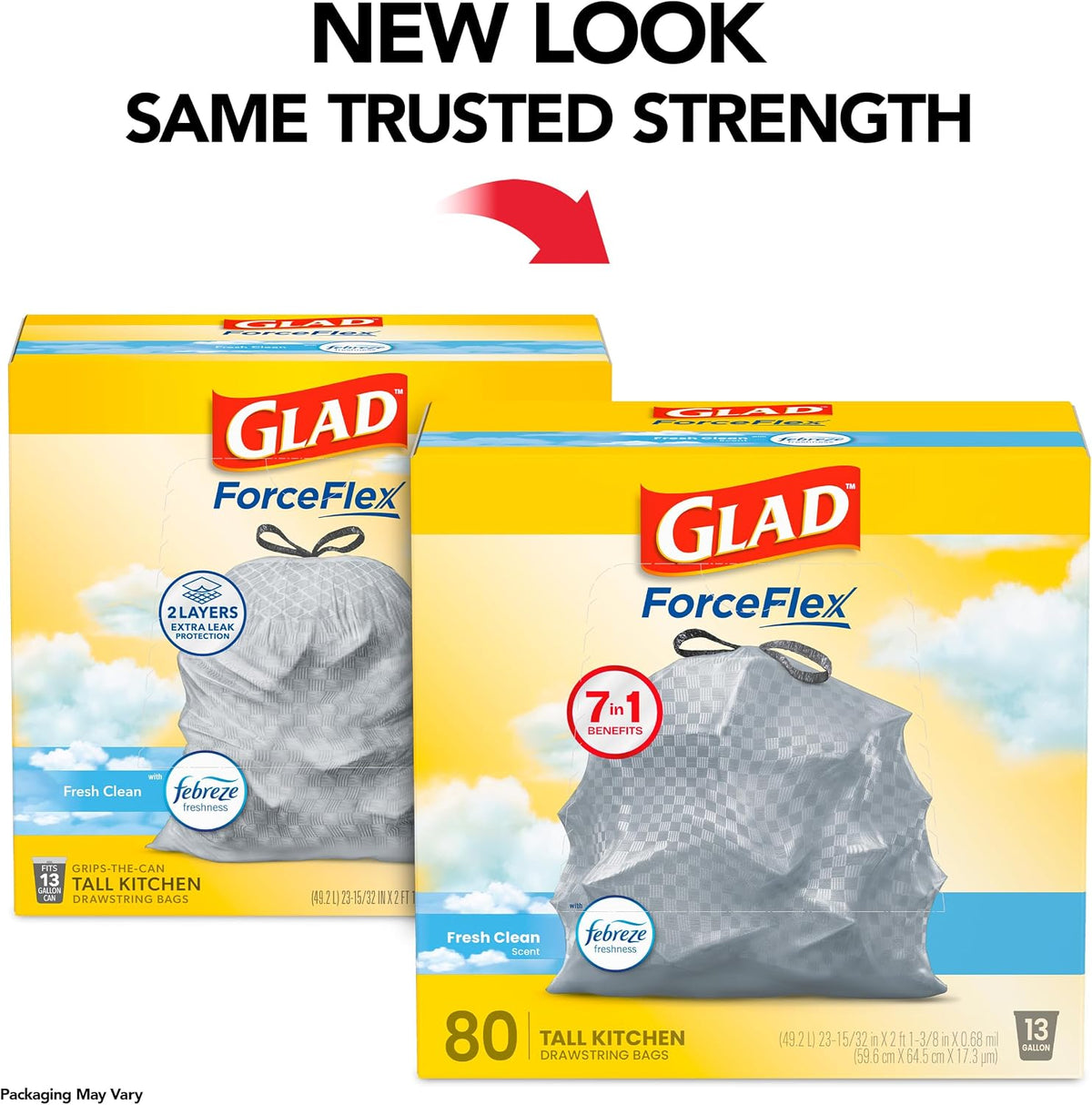 Glad Trash Bags, ForceFlex Tall Garbage Bags, 13 Gallon Grey Trash Bags for Tall Kitchen Trash Can, Fresh Clean with Febreze Freshness to Eliminate Odors, 80 Count (Packaging May Vary)