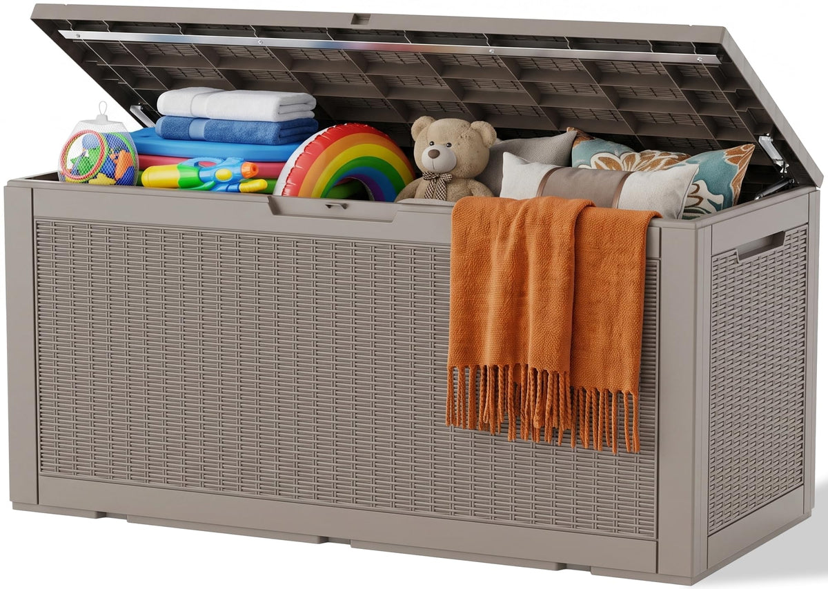 Outdoor Storage Box, 360 Gallon Waterproof Resin Deck Box with Support Rod