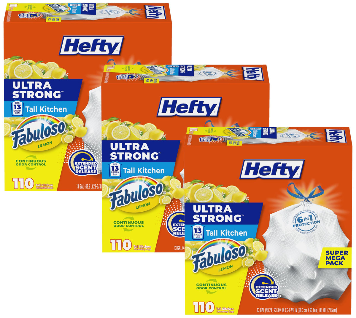 Hefty Ultra Strong 13 Gal Kitchen Trash Bags, White, Fabuloso Lemon, 110ct