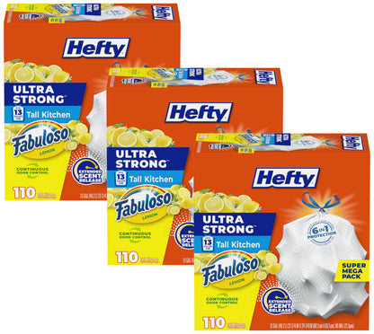 Hefty Ultra Strong 13 Gal Kitchen Trash Bags, White, Fabuloso Lemon, 110ct